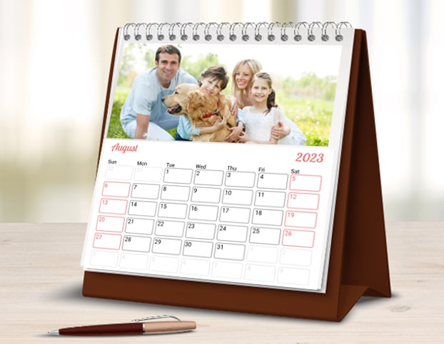 Family photo with pet printed on desk calendar