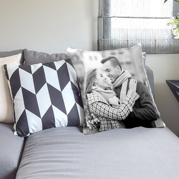 Couple photo printed on photo pillow black and white colour